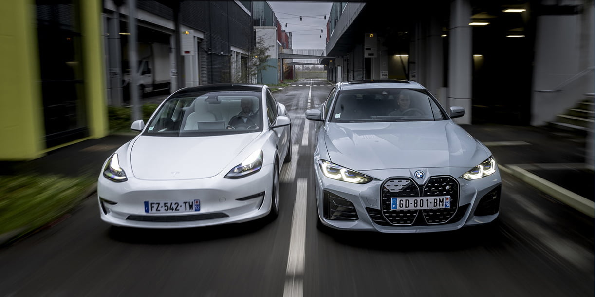 Tesla Model 3 slaat aanval BMW i4 af
