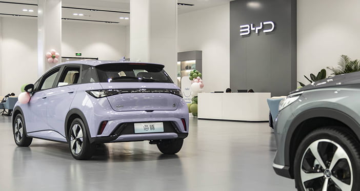 A showroom for Chinese electric automaker BYD, which has overtaken Volkswagen as the best selling brand in the country, outside Shanghai in Suzhou, China on April 4, 2023. (Qilai Shen/The New York Times)