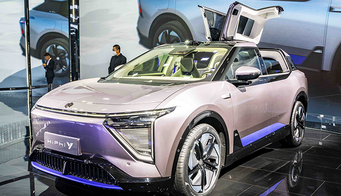 HiPhi Y electric SUV car on display at the 2023 Shanghai Auto Show.
