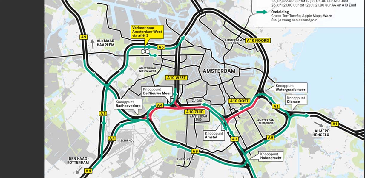 Nog meer verkeersoverlast: A10-Zuid en -Oost komende 16 dagen dicht NederlandA10